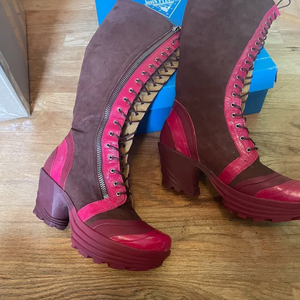 John Fluevog Jazzy Knee-High Pink Platform Lace-Up Boots Sz 10 - Picture 2 of 8